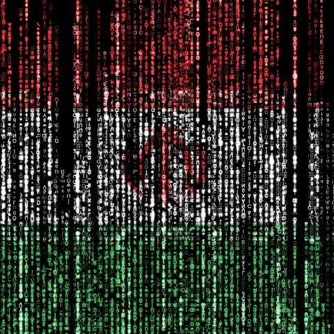 Flag of Iran on a computer binary codes falling from the top and fading away.