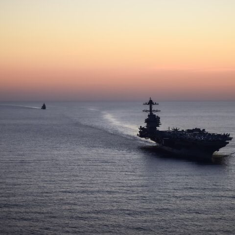 In this handout provided by the US Navy, The USS Gerald R. Ford, and Italian navy offshore Patrol Vessel ITS Paolo Thaon di Revel operate in the Mediterranean Sea, Oct. 2, 2025. 