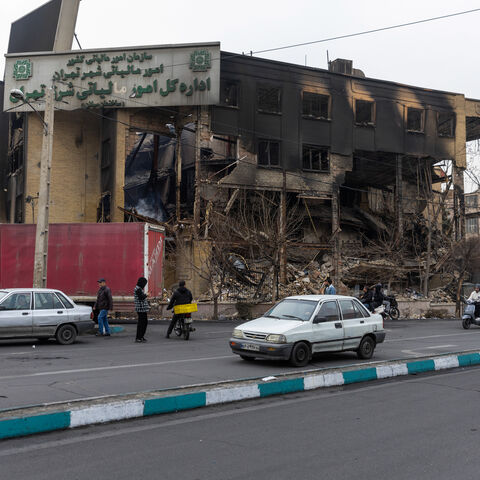 TEHRAN, IRAN - JANUARY 10: The heavily damaged Tax Affairs building is pictured on January 10, 2026 in Tehran, Iran. Some areas of Tehran sustained heavy damage during ongoing protests that came to a head on January 8, amid a growing economic and political crisis sweeping the country. (Photo by Stringer/Getty Images)