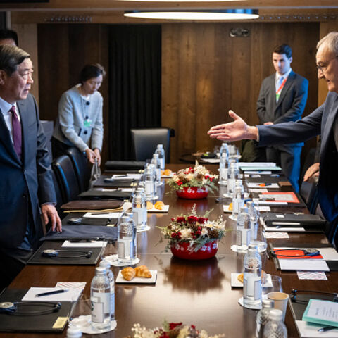 Switzerland's president, Guy Parmelin (R), welcomes China's vice premier, He Lifeng (L), before a bilateral meeting on the sidelines of the World Economic Forum annual meeting in Davos on Jan. 20, 2026. (Laurent  Gillieron/AFP via Getty Images)