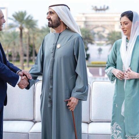 Sheikh Mohammed Bin Rashid Al Maktoum, vice president and prime minister of the UAE and ruler of Dubai, meets with Pakistani President Asif Ali Zardari at Za’abeel Palace in Dubai on Jan. 28, 2026. 