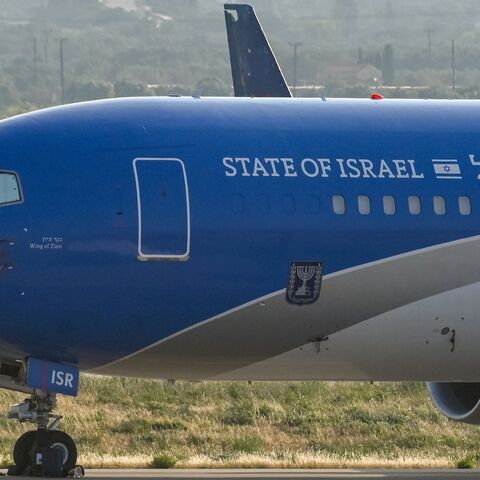 Israeli state aircraft Wing of Zion, which flew to Greece from Ben Gurion Airport, is seen at International Airport in Athens on June 13, 2025, in Athens, Greece. 