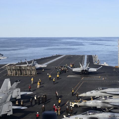 An F-18E fighter jet takes off from the aircraft carrier USS Gerald R. Ford, Sept. 24, 2025. 