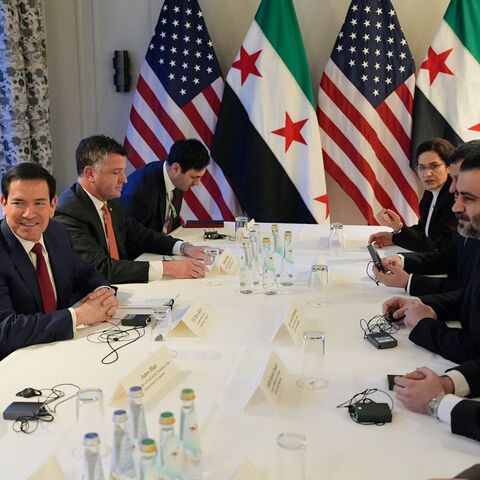 US Secretary of State Marco Rubio (2nd L), Syrian Foreign Minister Asaad al-Shibani (3rd R) and SDF commander Mazlum Kobane (4th R) meet on the sidelines of the Munich Security Conference, on Feb. 13, 2026 in Munich. 