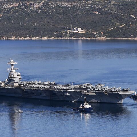The US Navy aircraft carrier USS Gerald R. Ford departs Souda Bay on the island of Crete, on Feb. 26, 2026.