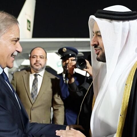 Prime Minister Muhammad Shehbaz Sharif is being received by Minister of State for Foreign Affairs of State of Qatar Muhammad bin Abdulaziz Al-Khulaifi at King Hammad International Airport, as he arrives in Qatar on two day official visit, on Feb. 23, 2026.
