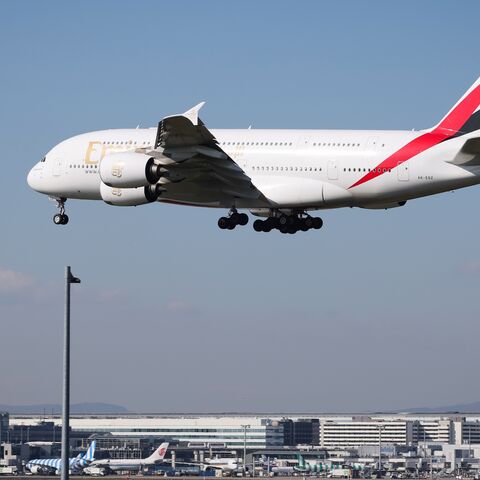  An Emirates passenger plane is landing at Frankfurt Airport from Dubai International on March 3, 2026, in Frankfurt, Germany. 