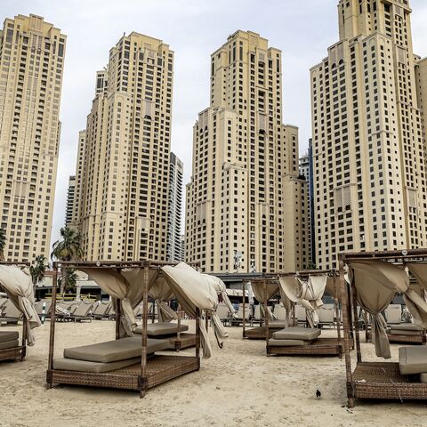 Empty beds along the beach at a high-rise complex in Dubai, March 11, 2026.