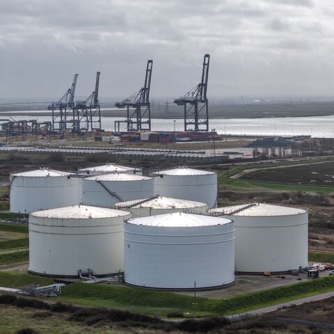 In this aerial view, Storage tanks at Grain LNG importation terminal, operated by National Grid Plc sit near the River Medway in the Thames Estuary on March 12, 2026, in Isle of Grain, England. 
