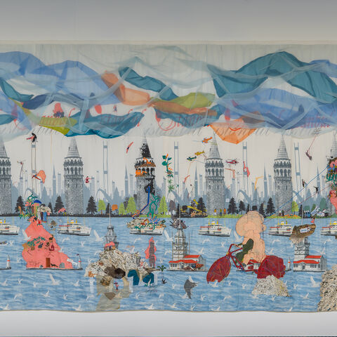Gozde Ilkin’s “Bosphorus Tour,” embroidery and paint on fabric (Firat Ruzgar/ Arter)