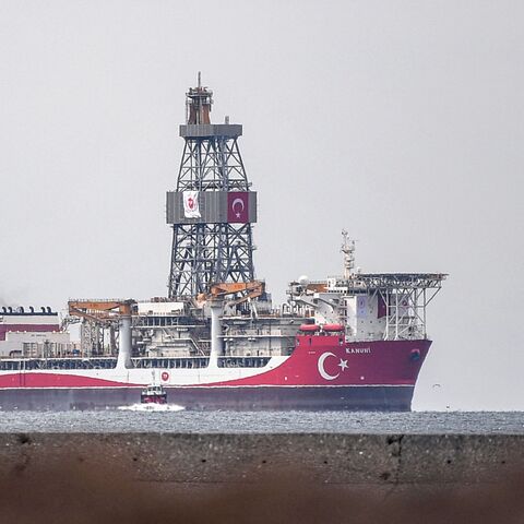 This picture taken on Oct. 19, 2020 in Istanbul shows Turkey's third drilling ship 'Kanuni' as it enters the bosphorus near Haydarpasa port.