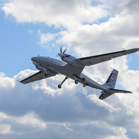CORLU, TURKEY- MARCH 2: A B model of Bayraktar AKINCI TİHA (Assault Unmanned Aerial Vehicle) in the sky on March 2, 2022 in Corlu, Turkey. (Photo by Baykar Press Office/dia images via Getty Images)