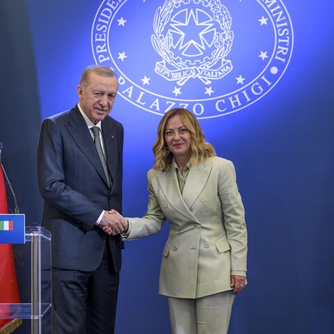 Turkish President Recep Tayyip Erdogan and Italian Prime Minister Giorgia Meloni shake hands during the press conference following their meeting at Villa Doria Pamphilj, on April 29, 2025, in Rome, Italy.
