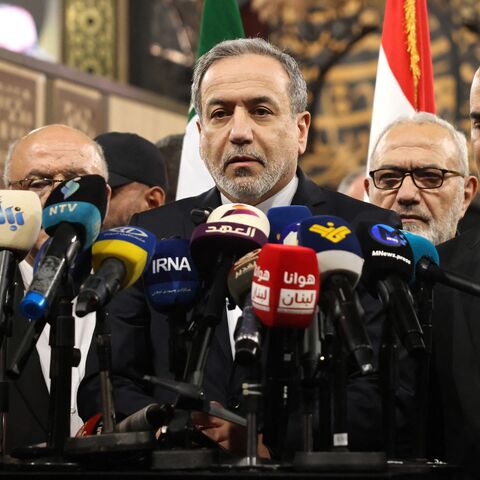 Iranian Foreign Minister Abbas Araghchi speaks to the press during a visit to the shrine of slain Hezbollah leader Hassan Nasrallah in Beirut's southern suburbs on Jan. 8, 2026. 