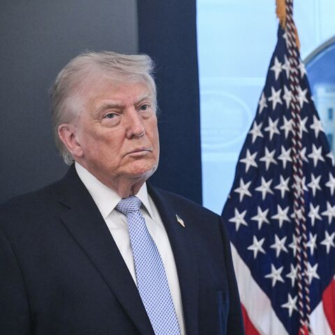 US President Donald Trump looks on during a press conference about the conflict in Iran in the James S. Brady Press Briefing Room of the White House, on April 6, 2026, in Washington.