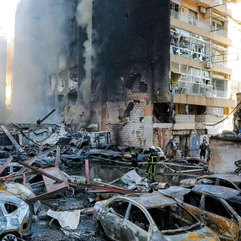 Firefighters attempt to extinguish a fire following an Israeli strike at the Corniche al-Mazraa neighbourhood of Beirut on April 8, 2026. 