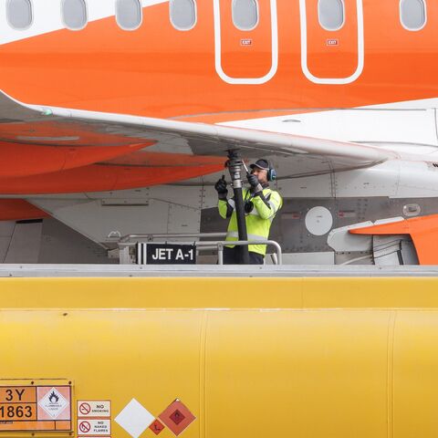 Refueling trucks are seen at Southend Airport on April 17, 2026, in Southend, England. 