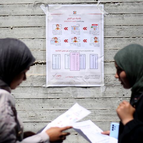 Women read instructions to voters ahead of the upcoming municipal elections in Deir el-Balah in the central Gaza Strip on April 21, 2026. 