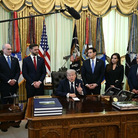 US Ambassador to Israel Mike Huckabee, Israel Ambassador to US Yechiel Leiter, US Vice President JD Vance, US Secretary of State Marco Rubio, Lebanon Ambassador to the US Nada Hamadeh and US ambassador to Lebanon Michel Issa listen as President Donald Trump speaks during a meeting at the White House in Washington on April 23, 2026. 