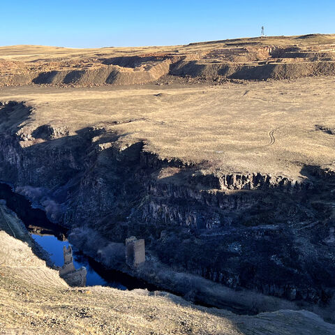 A picture taken near Kars on Feb. 28, 2024 shows the ruins of a bridge over Arpacay river, the natural border between Turkey and Armenia.