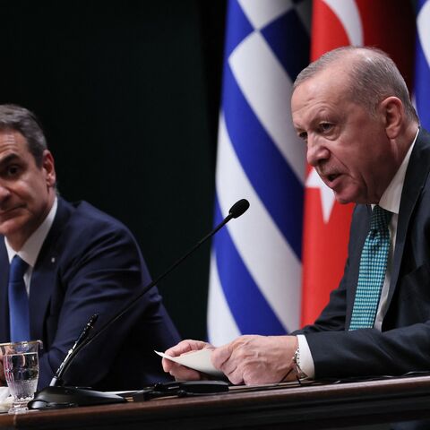 Turkish President Recep Tayyip Erdogan (R) addresses the media during a joint press conference with Greek Prime Minister Kyriakos Mitsotakis (L) at the Presidential Complex, Ankara, Feb. 11, 2026.