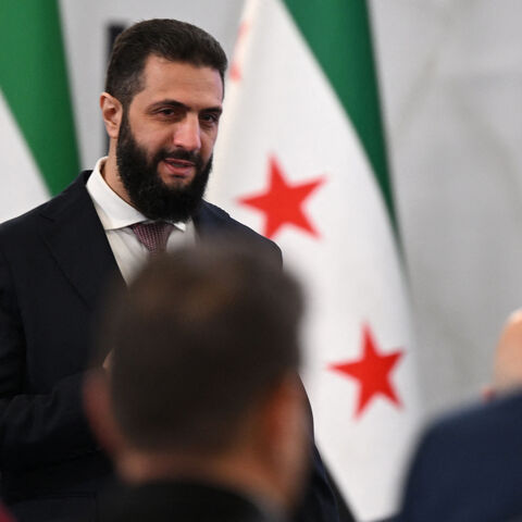 Syrian President Ahmed al-Sharaa arrives to attend the second day of the first Syrian-Emirati (United Arab Emirates) Investment Forum, at the People's Palace in Damascus on May 12, 2026. (Photo by LOUAI BESHARA / AFP via Getty Images)