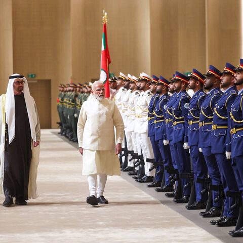 Prime Minister Narendra Modi visited Abu Dhabi on May 15, 2026, and was warmly received by the UAE President His Highness Sheikh Mohamed Bin Zayed Al Nahyan at the airport. The PM is shown being accorded a Guard of Honor upon his arrival.