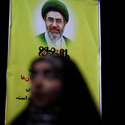 A banner with a picture of Iran’s new Supreme Leader, Mojtaba Khamenei, during a rally in Tehran, Iran, May 6, 2026. Majid Asgaripour/WANA (West Asia News Agency) via REUTERS ATTENTION EDITORS - THIS PICTURE WAS PROVIDED BY A THIRD PARTY      TPX IMAGES OF THE DAY