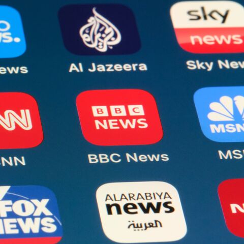 Brand logos for BBC NEWS, CNN, MSNBC, Euronews, Al Jazeera, Sky News, Fox News, Al Arabiya, and NDTV, Nov. 22, 2023.