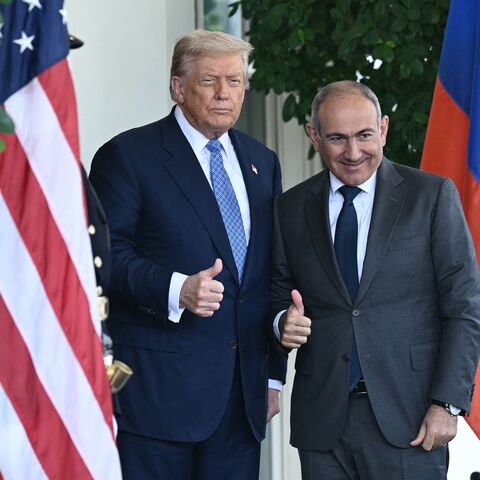 US President Donald Trump (L) welcomes Armenian Prime Minister Nikol Pashinyan outside the West Wing of the White House in Washington, DC, on Aug. 8, 2025. 