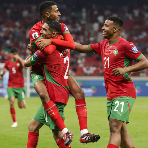 Morocco's midfielder Azzedine Ounahi celebrates scoring with teammates during the FIFA World Cup 2026 Group E African qualification football match between Morocco and Niger at the Prince Moulay Abdellah Sports Complex in Rabat on September 5, 2025. (Photo by Abdel Majid BZIOUAT / AFP)