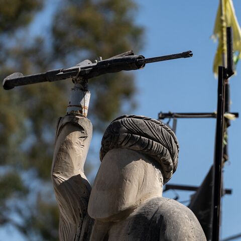 A monument depicting former Hezbollah Secretary-General Hassan Nasrallah stands in the town of Harouf, in the Nabatieh district of southern Lebanon, on May 14, 2026.
