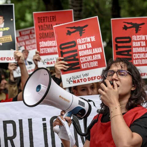 Demonstrators take part in a rally against the upcoming NATO Summit early July in Ankara, on June 13, 2026. 
