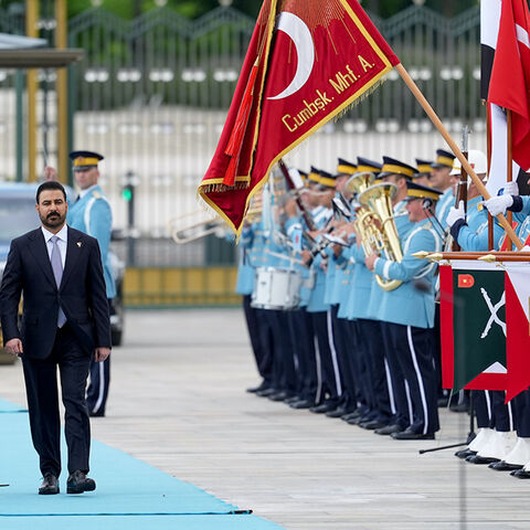 Turkish President Recep Tayyip Erdogan greets Iraq Prime Minister Ali al-Zaidi upon his arrival in Ankara, July 28, 2026.