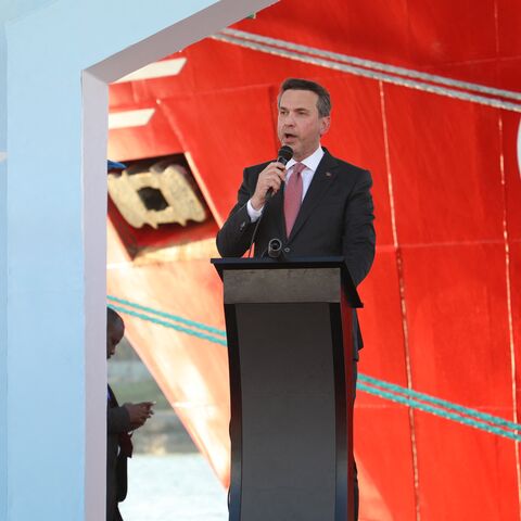 Minister of Energy and Natural Resources of Turkey Alparslan Bayraktar speaks during the launch of an offshore energy exploration at the port in Mogadishu on April 10, 2026. 