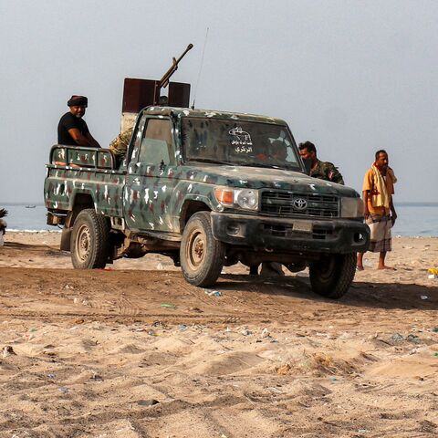 A pickup truck carrying a turret is pictured as fighters supporting the Aden-based and internationally recognized Yemeni government gather along the Red Sea shore in Khokha, in Yemen's western Hodeidah province on July 20, 2026.