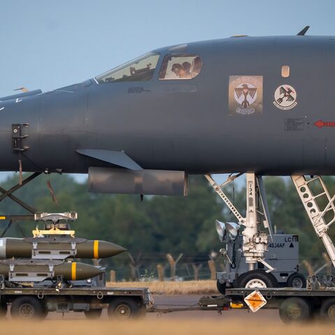 Muntions near a B1 Bomber are seen at RAF Fairford on July 24, 2026, in Fairford, England. 