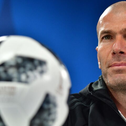 Zinedine Zidane, while coach of Real Madrid, attends a press conference on the eve of their FIFA Club World Cup final match against Brazilian Gremio, Abu Dhabi, Dec. 15, 2017.