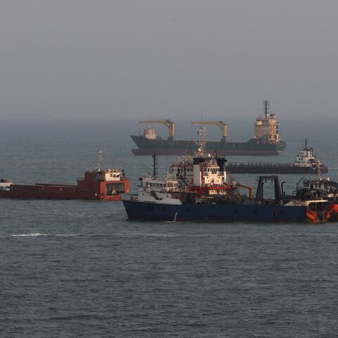 Ships are anchored in the Strait of Hormuz on Aug. 10, 2026, off the coast of Bandar Abbas, Iran. 