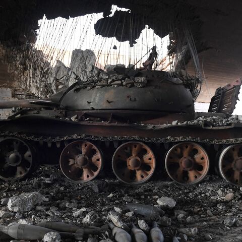 A tank is seen at the Abu Duhur military airport area in Idlib province, on Jan. 21, 2018. 