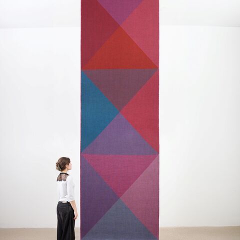 Rana Begum. “No. 1676.” 2026. Wool Jacquard Woven Rib Fabric. 456.6 x 140 x 2 cm (front). (Photo courtesy of Rana Begum Studio and The Third Line)