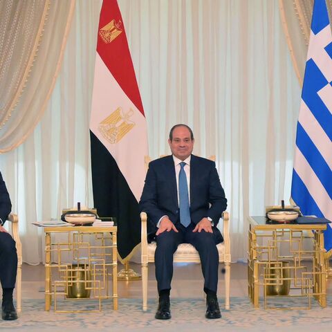 Egyptian President Abdel Fattah al-Sisi (c) held talks with Cypriot President Nikos Christodoulides (l) and Greek Prime Minister Kyriakos Mitsotakis (r) in Cairo, Egypt, Sept. 8, 2026.