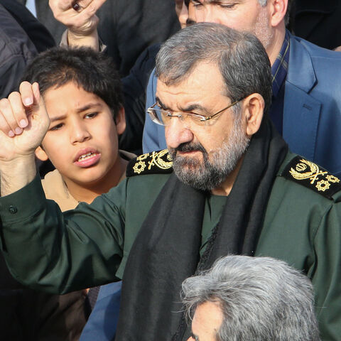 The former chief of Iran's Islamic Revolutionary Guard Corps, Mohsen Rezaei, takes part in a demonstration against American "crimes" following the killing of IRGC Maj. Gen. Qasem Soleimani in a US strike on his convoy at Baghdad international airport, Tehran, Iran, Jan. 3, 2020.