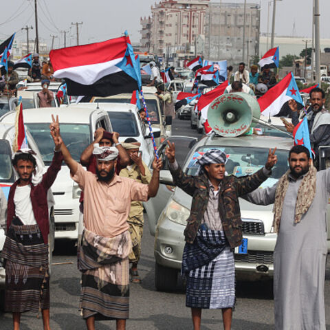 Yemenis gather during a rally to show their support for the UAE-backed Southern Transitional Council (STC) in the coastal port city of Aden, on December 14, 2025. (Saleh Al-OBEIDI / AFP via Getty Images)