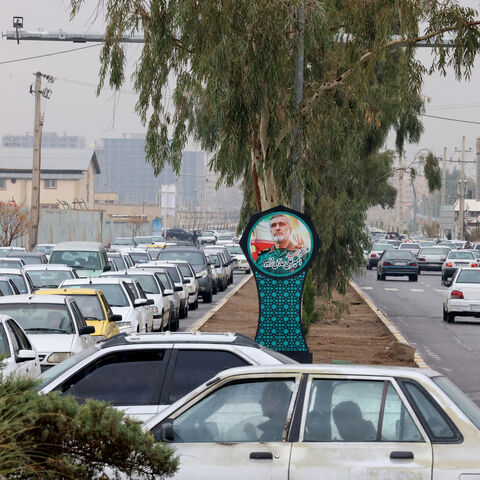 A picture of Brig. Gen. Amir Ali Hajizadeh, who was killed during Israeli strikes on Tehran in June, is displayed Zahedan, the capital of the southeastern province of Sistan-Baluchistan, during a media tour organized by the Iranian government on Dec. 18, 2025. 