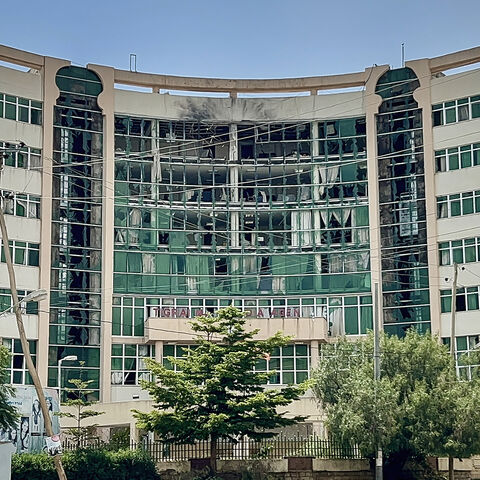 A general view of the damaged building housing Tigray TV, the state broadcaster of the Tigray region, following a drone strike in Mekelle, Ethiopia, Sept. 27, 2026.
