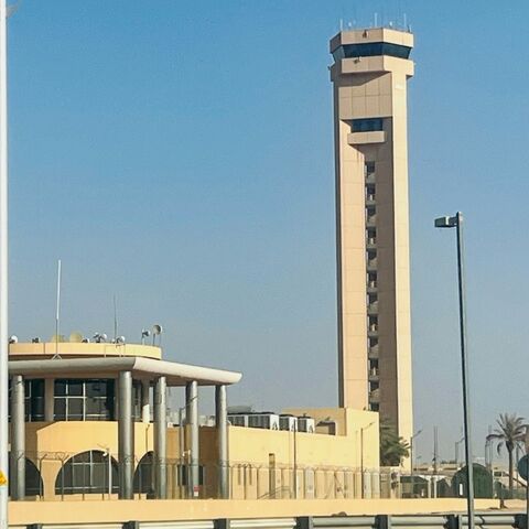 (FILES) An air traffic control tower is seen at King Khalid International Airport in Riyadh on September 19, 2026.