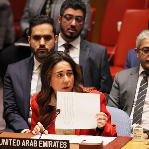 NEW YORK, NEW YORK - FEBRUARY 23: Permanent Representative of the UAE to the United Nations Ambassador Lana Nusseibeh speaks during a meeting on February 23, 2023 at U.N. Headquarters in New York City. The Security Council met to discuss international peace and security issues. The General Assembly continues its Eleventh Emergency Special Session on Ukraine to resume introductions on a new draft resolution and two proposed amendments on the eve of the one year anniversary of the start of the war in Ukraine.