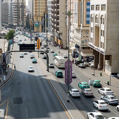 Vehicles move along a main street in Saudi Arabia's holy city of Mecca on Sept. 16, 2026. 