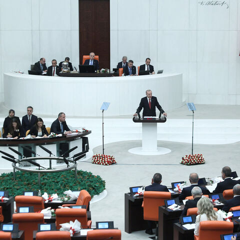 Turkish President Recep Tayyip Erdogan addresses Turkish members of parliament during the opening of the parliamentary session at the Grand National Assembly of Turkey, Ankara, Turkey, Oct. 1, 2026.